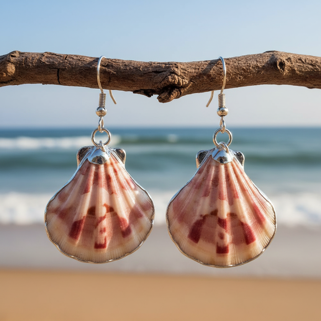 Schelpen oorbellen met Shell schelp en sterling zilver (925) hangend aan tak met zee achtergrond | Shellina