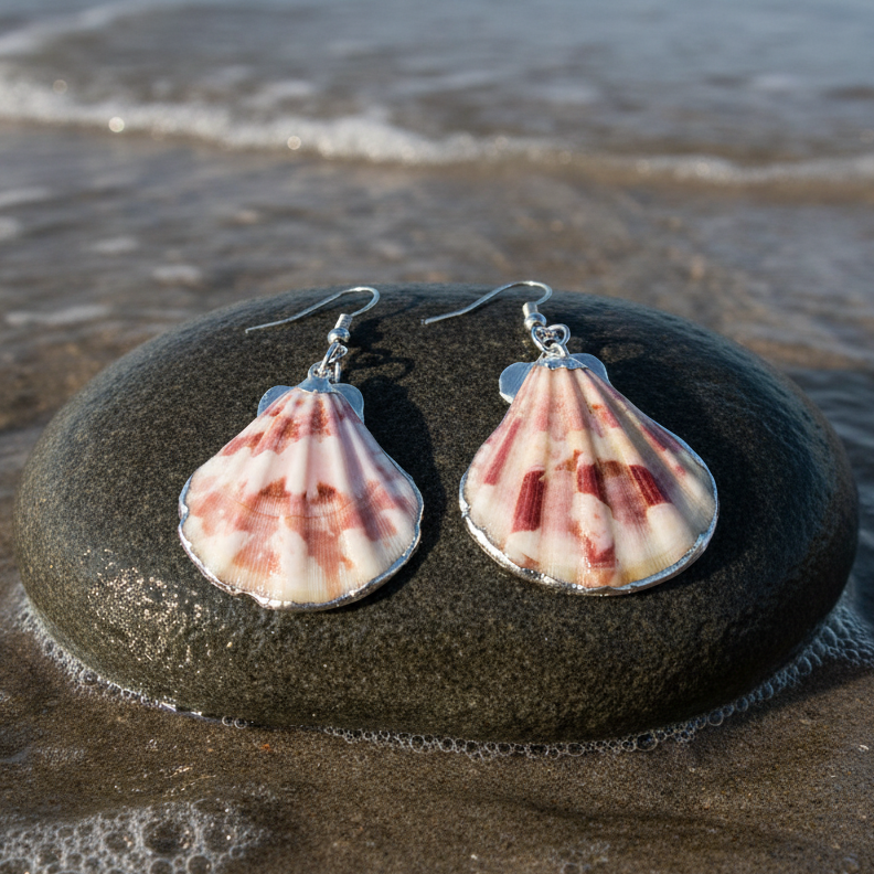 Schelpen oorbellen met Shell schelp en sterling zilver (925) liggend op steen aan zeerand| Shellina