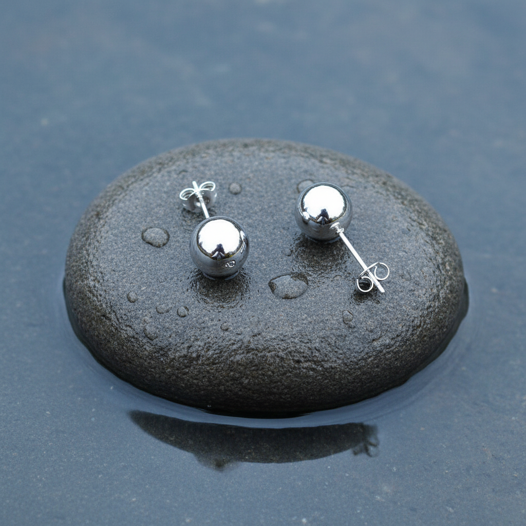 Verzilverde oorknopjes liggend op steen met voor en achterkant | Molly