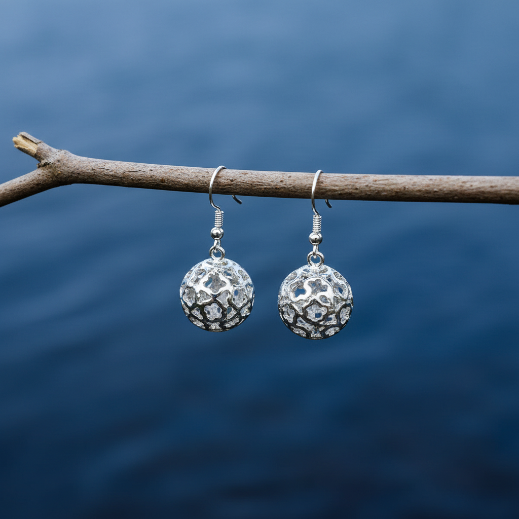Verzilverde oorbellen met opengewerkte bol hangend aan takje | Silver Ball