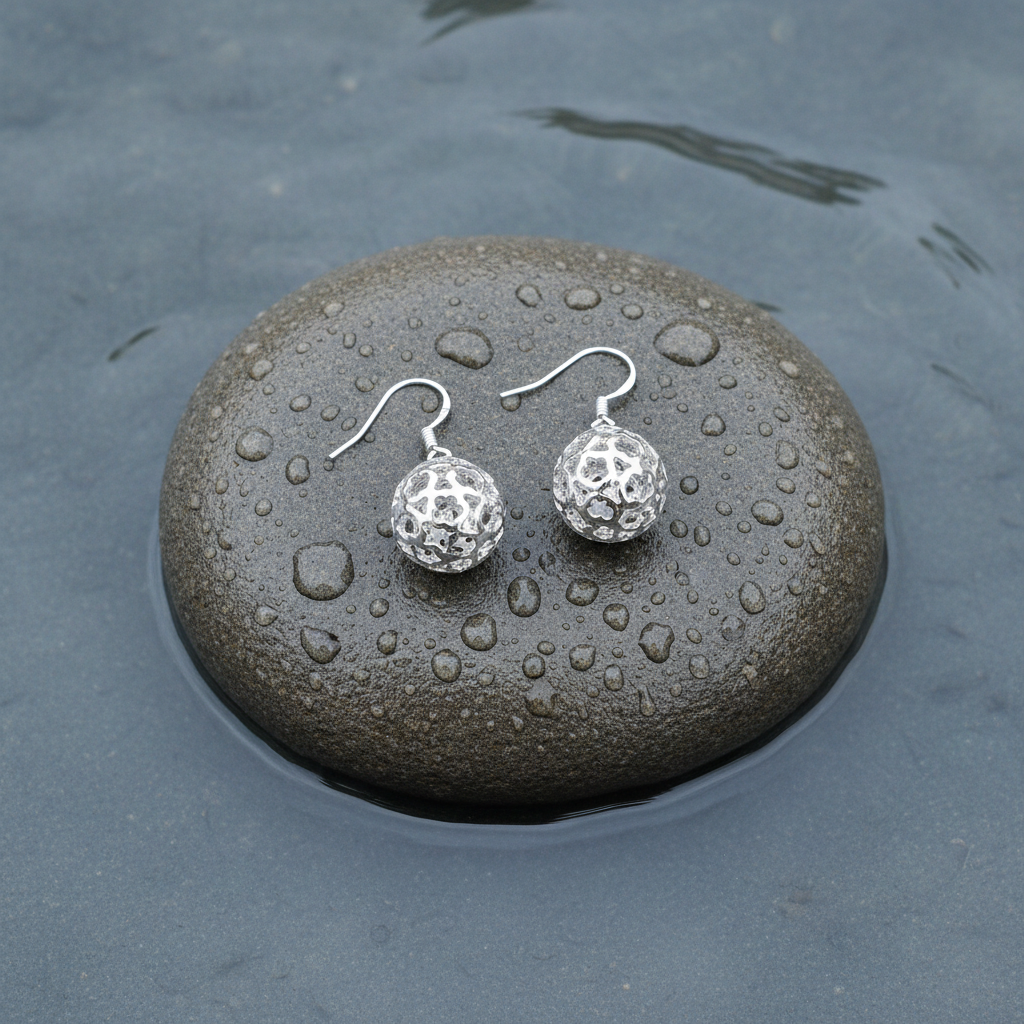 Verzilverde oorbellen met opengewerkte bol liggend op steen | Silver Ball