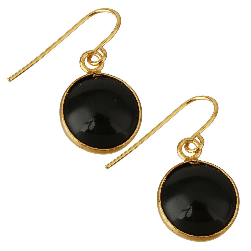Zwarte edelstenen oorbellen met goud edelstaal schuin | Black Agate Gold Round