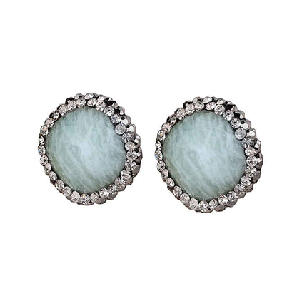 Edelstenen oorknoppen met groene amazoniet, stras steentjes en sterling zilver (925) vooraanzicht | Bright Amazonite