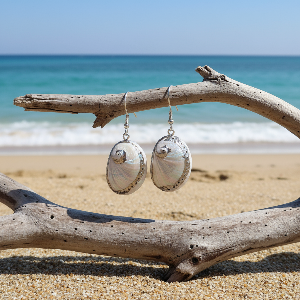 Witte parelmoeren schelpen oorbellen met zilver edelstaal hangend aan takje met zee achtergrond | White Shell Silver