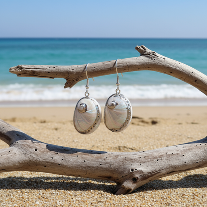 Witte parelmoeren schelpen oorbellen met zilver edelstaal hangend aan takje met zee achtergrond | White Shell Silver