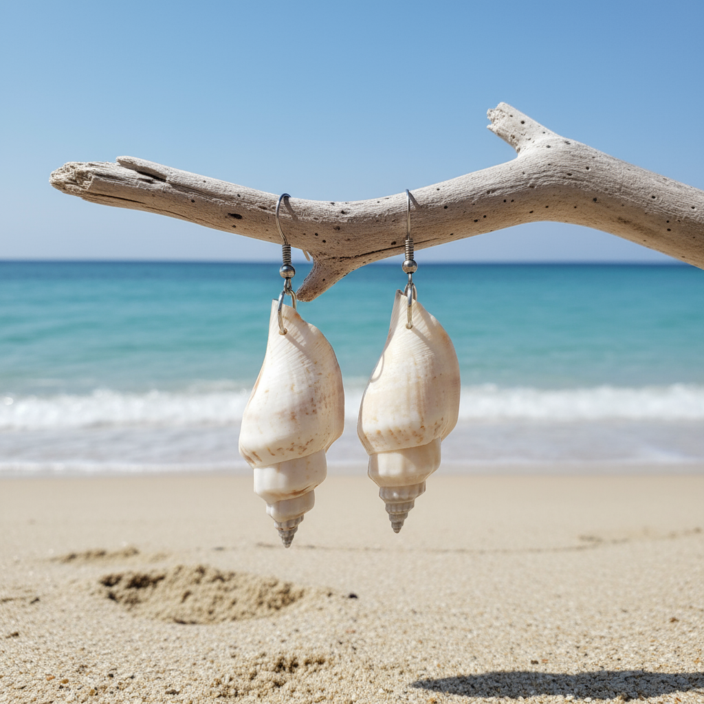 Schelpen oorbellen met witte schelp en sterling zilver (925) hangend aan takje met achtergrond zee | Big Trumpet Shell White