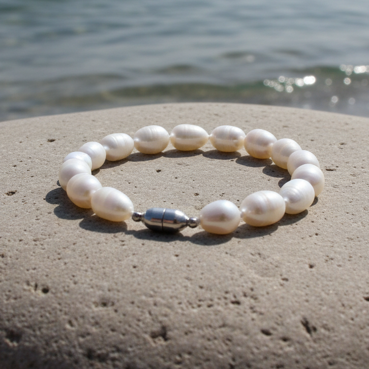 Wit zoetwater parel armband met magneetslot handgeknoopt liggend op steen in water | Abigail