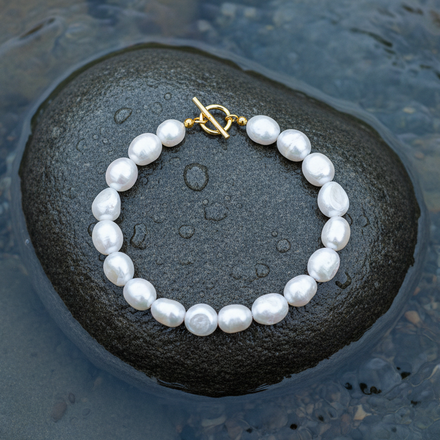 Wit zoetwater parel armband met goud edelstaal liggend op steen in water | Lana