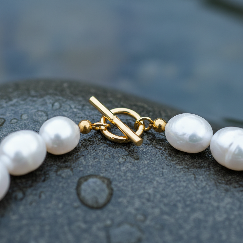 Wit zoetwater parel armband met goud edelstaal met close van slotje | Lana