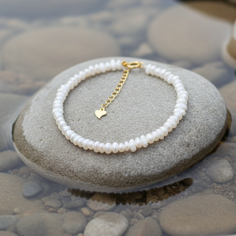 Zoetwater parel armband met kleine witte parels liggend op steen in water | set Mily