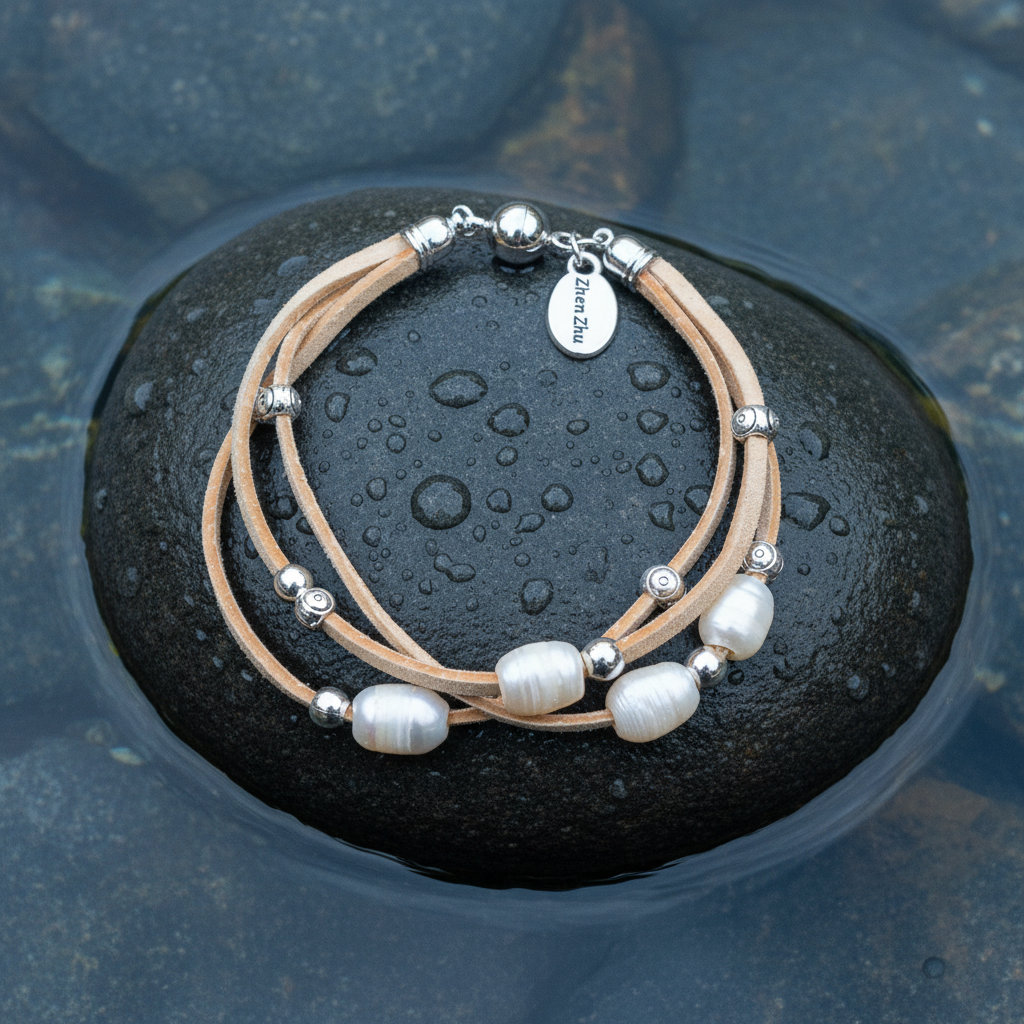 Multi-strand suède armband met witte parels op natte grijze steen