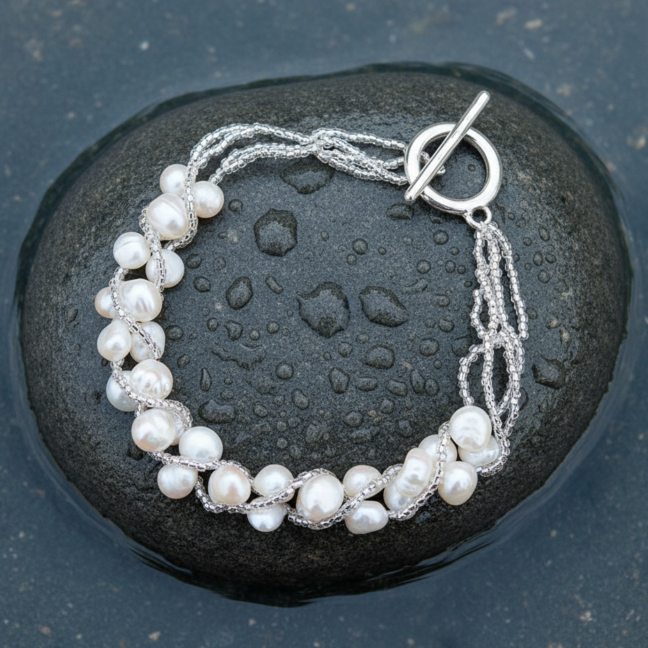 Wit zoetwater parel armband liggend op steen in water | Monica