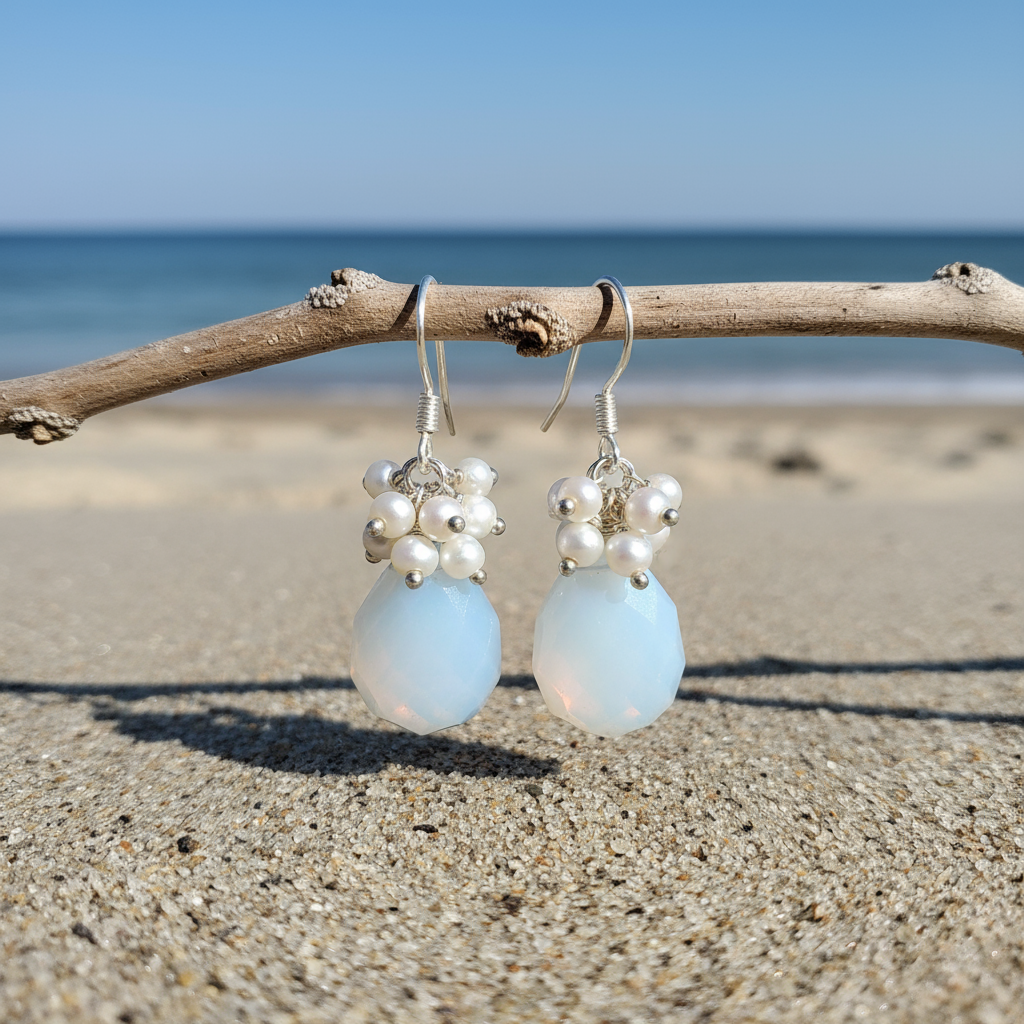 Witte zoetwater parel oorbellen met zee opaal en sterling zilver (925) hangend aan takje met achtergrond zee | Coline