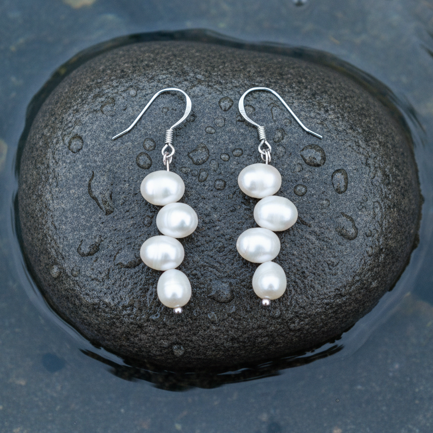 Witte zoetwater parel oorbellen met sterling zilver 925 liggend op steen in water | Bo