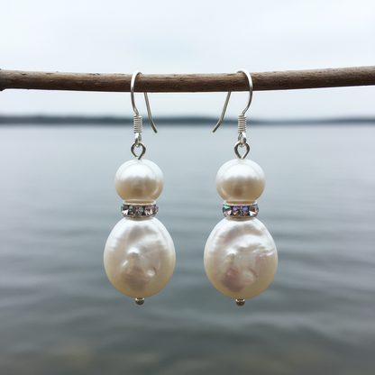Witte zoetwater parel oorbellen met stras steentjes hangend aan takje boven water | Conny AB Bling