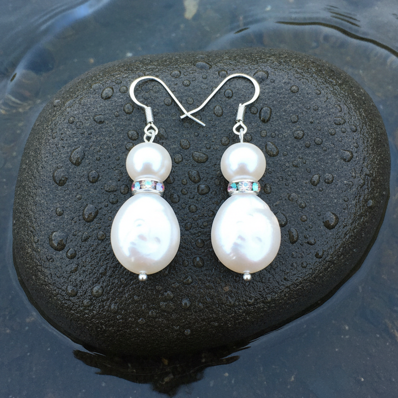 Witte zoetwater parel oorbellen met stras steentjes liggend op steen in water | Conny AB Bling