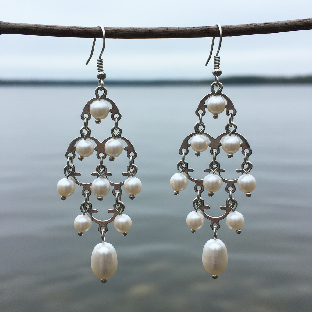 Lange witte zoetwater parel oorbellen met sterling zilver (925) hangend aan takje boven water | Gipsy