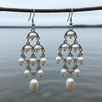 Lange witte zoetwater parel oorbellen met sterling zilver (925) hangend aan takje boven water | Gipsy