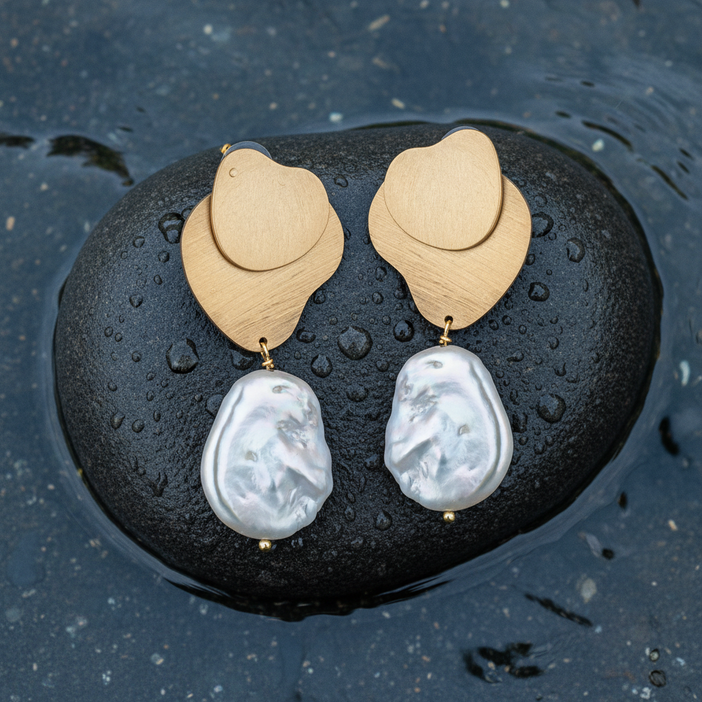 Witte zoetwater parel oorbellen, oorknopjes, goud verguld sterling zilver liggend op steen in water - Marlieke
