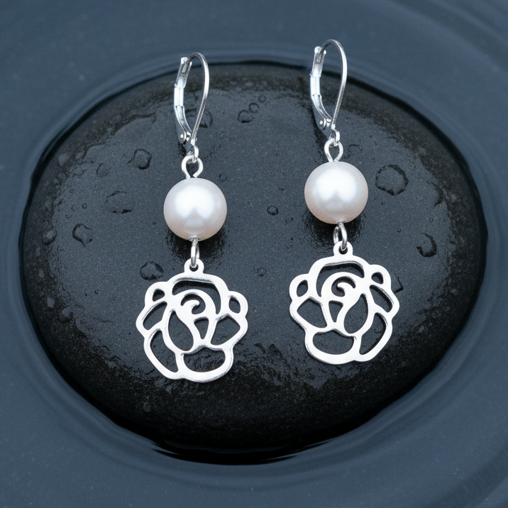 Zoetwater parel oorbellen met witte parel en zilver edelstalen bloem liggend op steen in water | Pearl Metal Flower