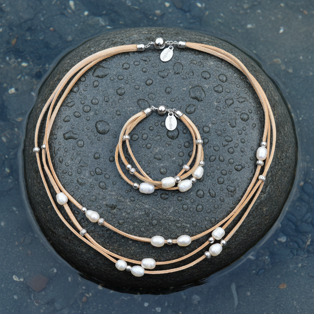 Multi-strand suède ketting en armband set met witte parels op natte grijze steen