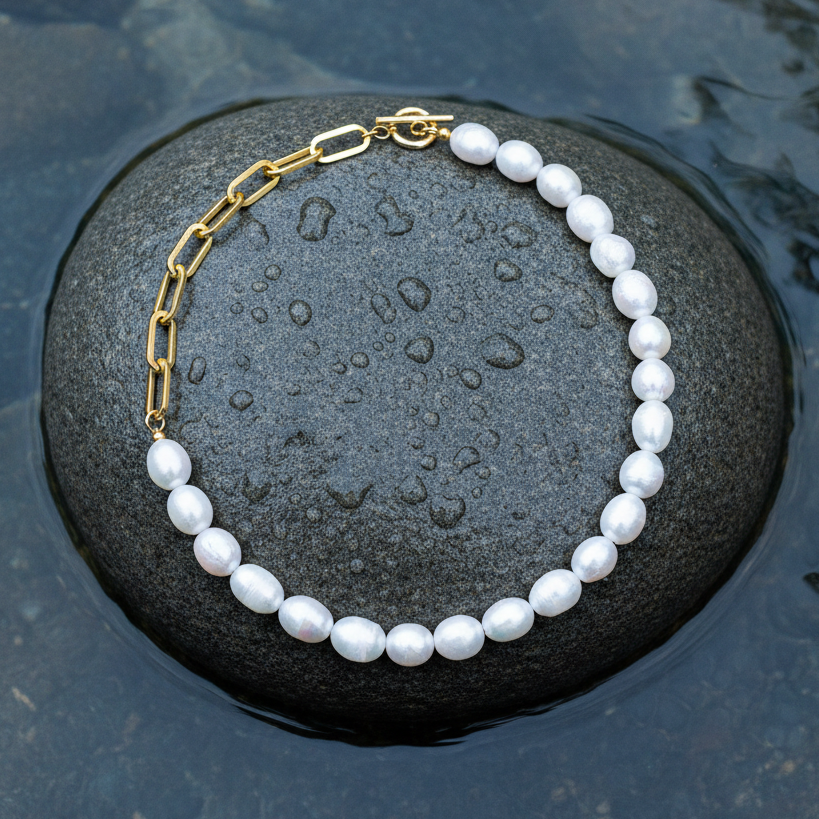 Witte zoetwater parelketting met witte parels en goud edelstaal liggend op steen in water | Baudine
