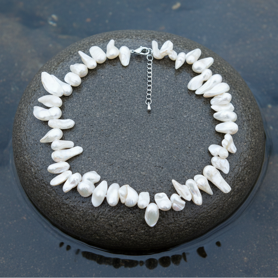 Zoetwater parelketting met witte parels en sterling zilver (925) liggend op steen in water | Winky