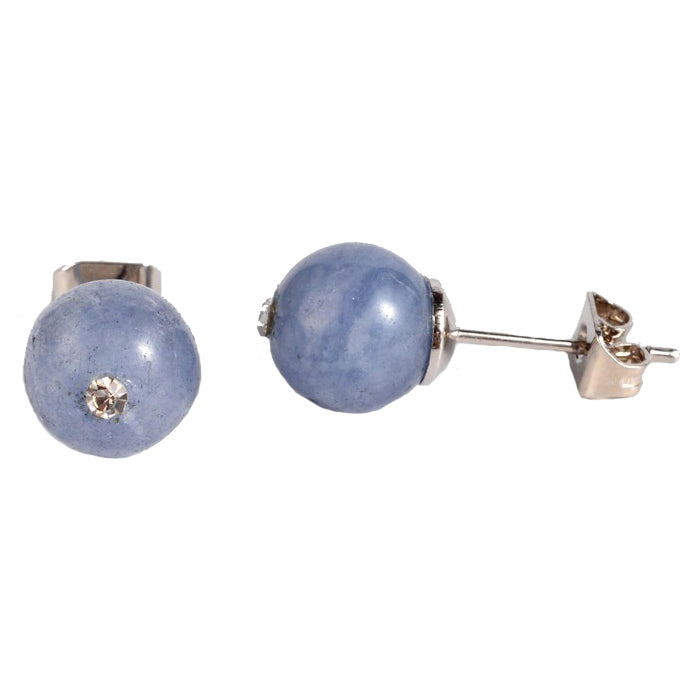 Blauwe edelstenen oorknopjes met een stras steentje, Aquamarijn oorknopjes, voor en zijaanzicht | Bling Aquamarine