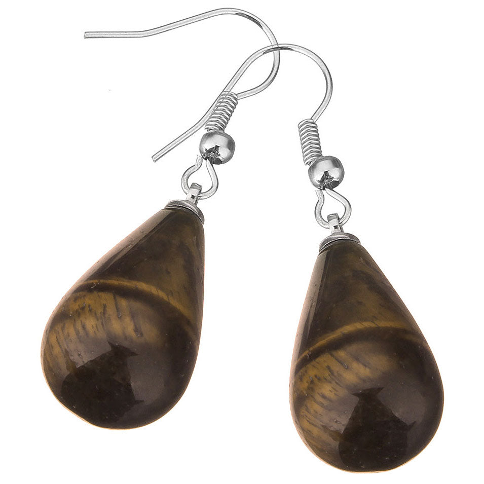 Bruine edelstenen oorbellen met tijgeroog in druppel vorm en sterling zilver (925) schuin liggend | Tiger Eye Big Drop