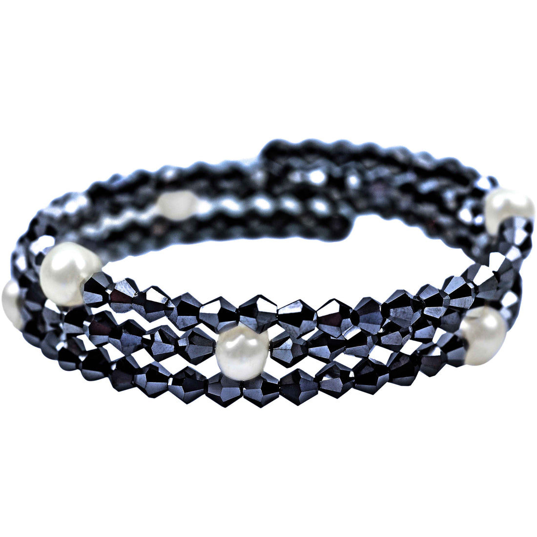 Wit zoetwater parel wikkelarmband met hematiet kleurige stars steentjes | Pearl W Metalic Hematite