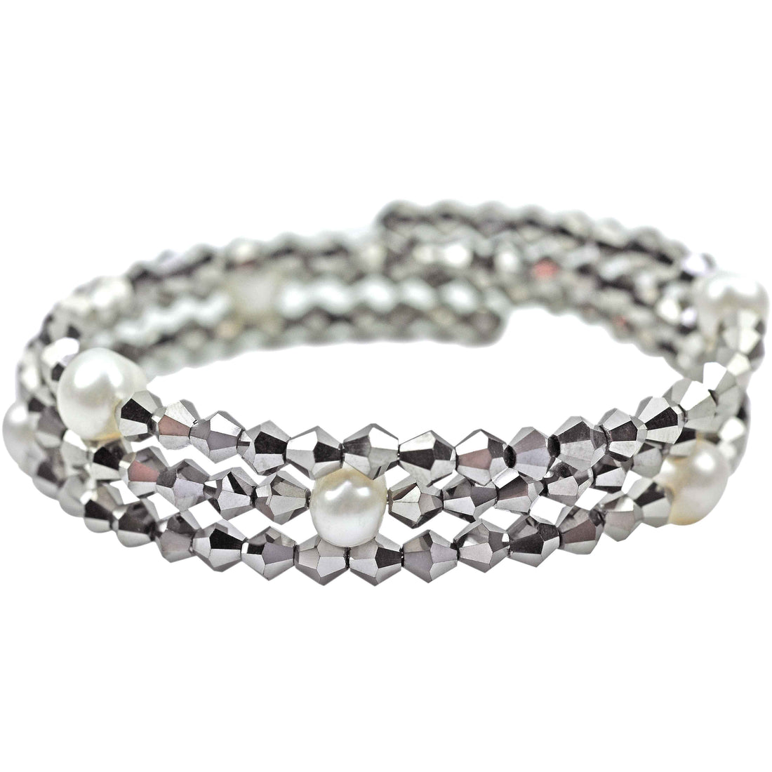Wit zoetwater parel wikkelarmband met zilver kleurige stras steentjes | Pearl W Metalic Silver