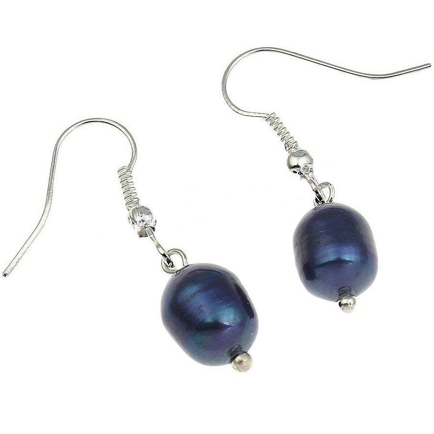 Blauwe zoetwater parel oorbellen met sterling zilver (925) liggend | Dangling Blue Pearl