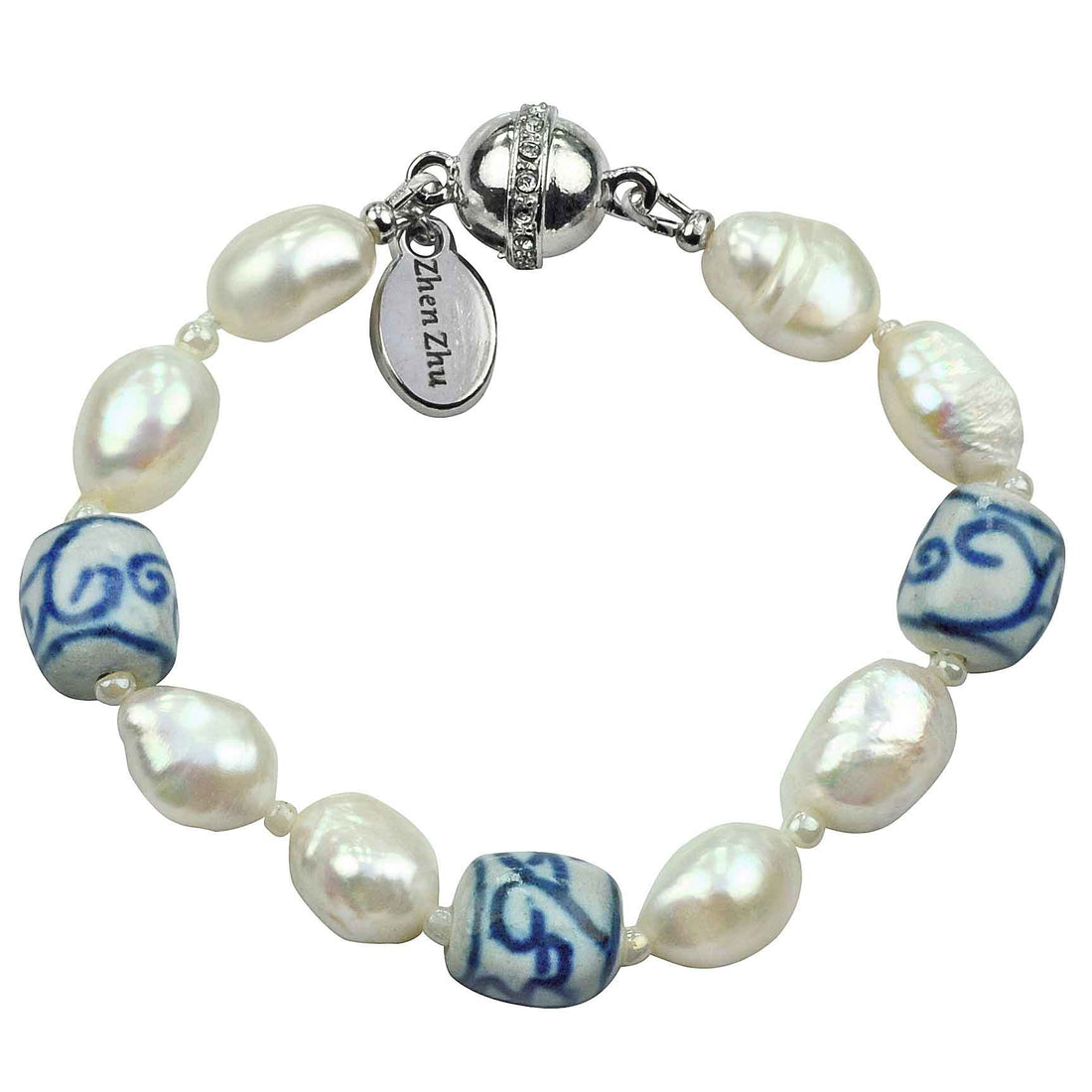Wit zoetwater parel armband met Delfts blauwe kralen en magneetsluiting | Hollands Glorie Spiral White