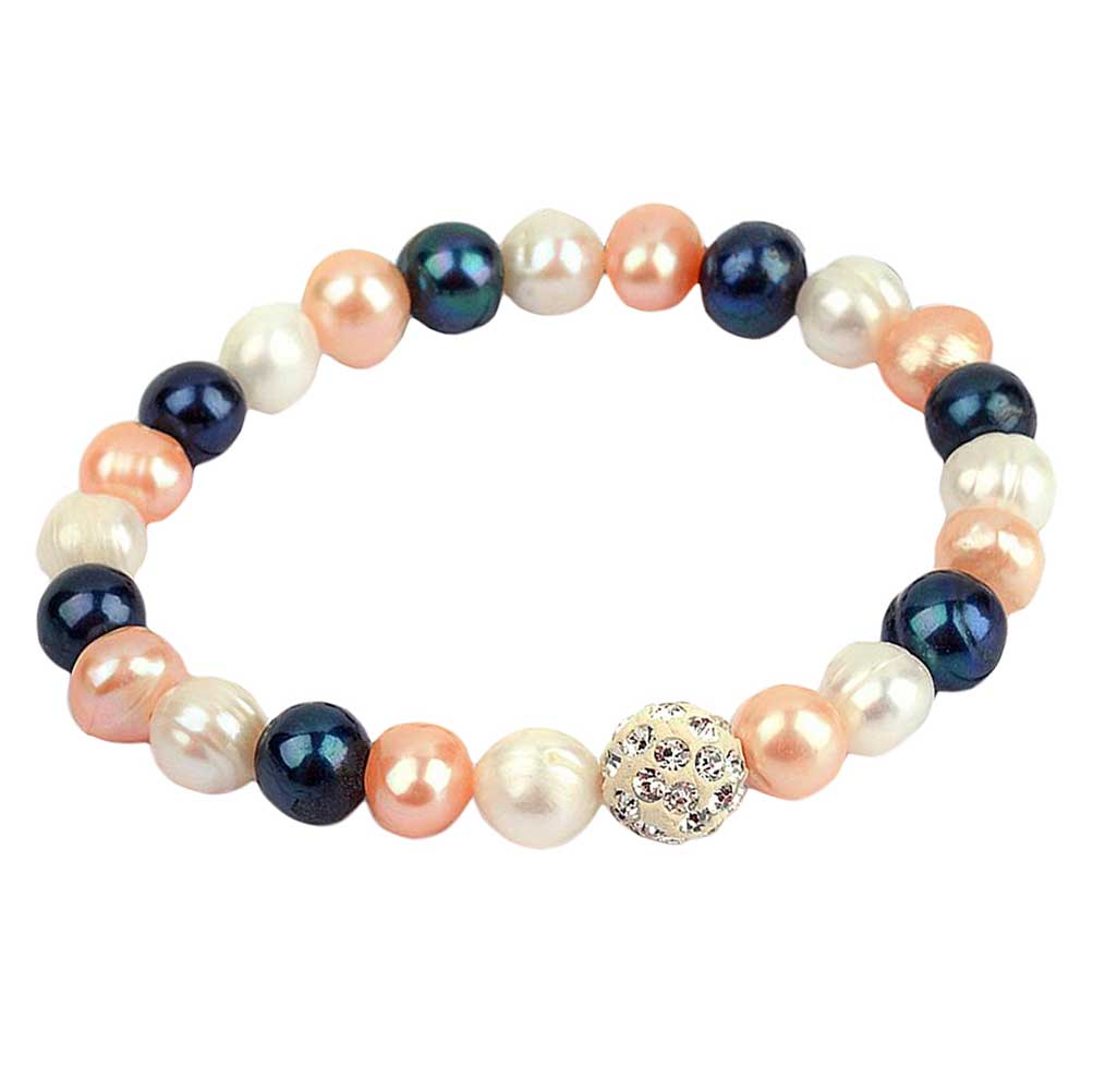Zoetwater parel armband met witte zalm en blauwe parels en stras steentjes, elastisch | Ariane