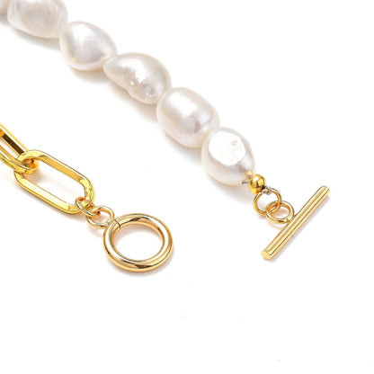 Open slotje van zoetwater parel armband met witte parels en goud edelstaal | set Baudine