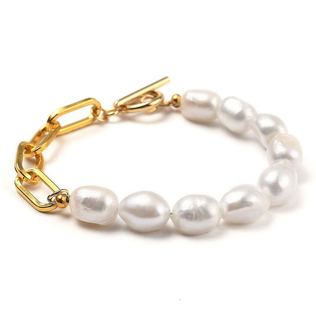Zoetwater parel armband met witte parels en goud edelstaal | Baudine