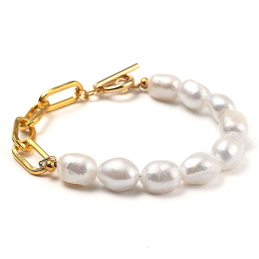 Zoetwater parel armband met witte parels en goud edelstaal | set Baudine