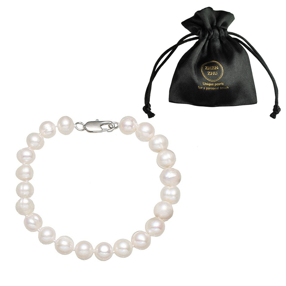 Handgeknoopte parel armband met witte parels en sterling zilver (925) met sieraden zakje | set Bella