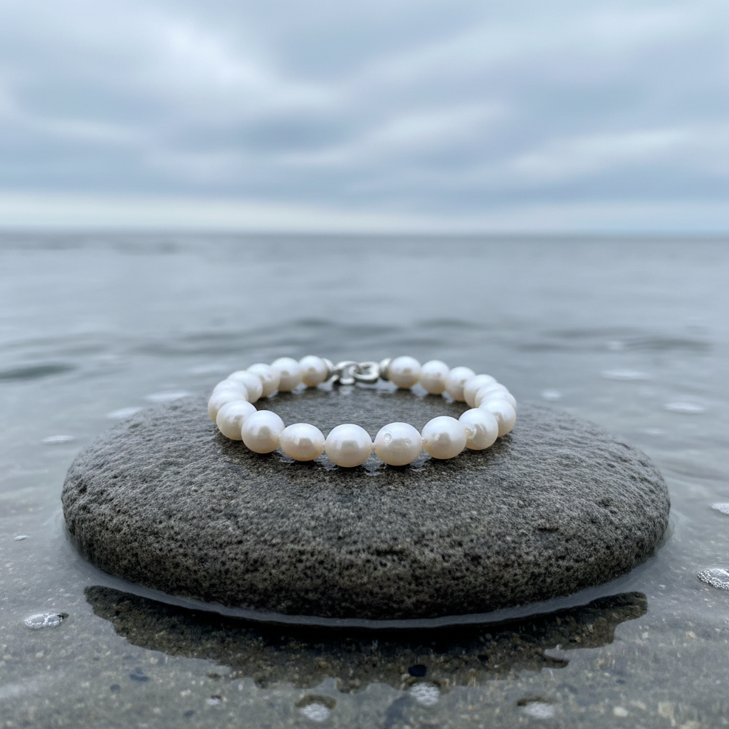 Handgeknoopt parel armband met witte parels liggend op steen | Parel armband Big Round pearl