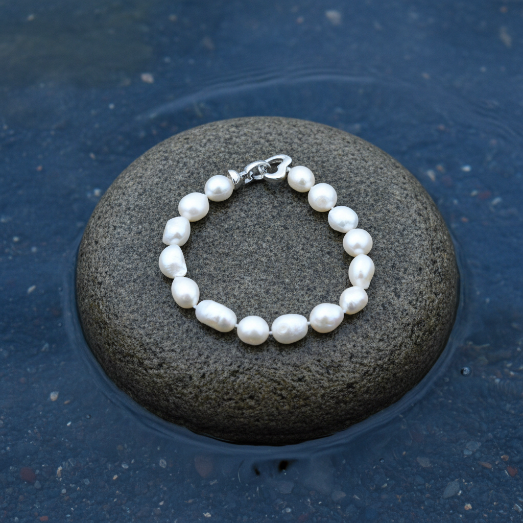 Handgeknoopt parel armband met witte parels liggend op steen in het water | Parel armband Big Round pearl