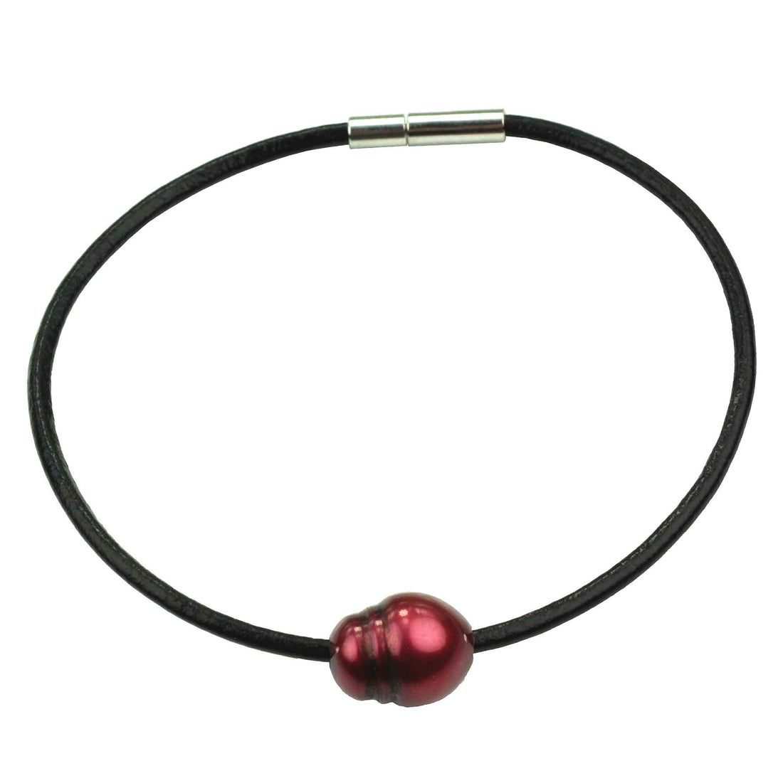 Rood zoetwater parel armband met zwart leer | Black Leather Pearl Red