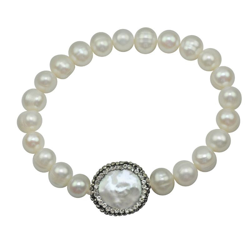 Wit zoetwater parel armband met stras steentjes, elastisch | Bling Coin Pearl