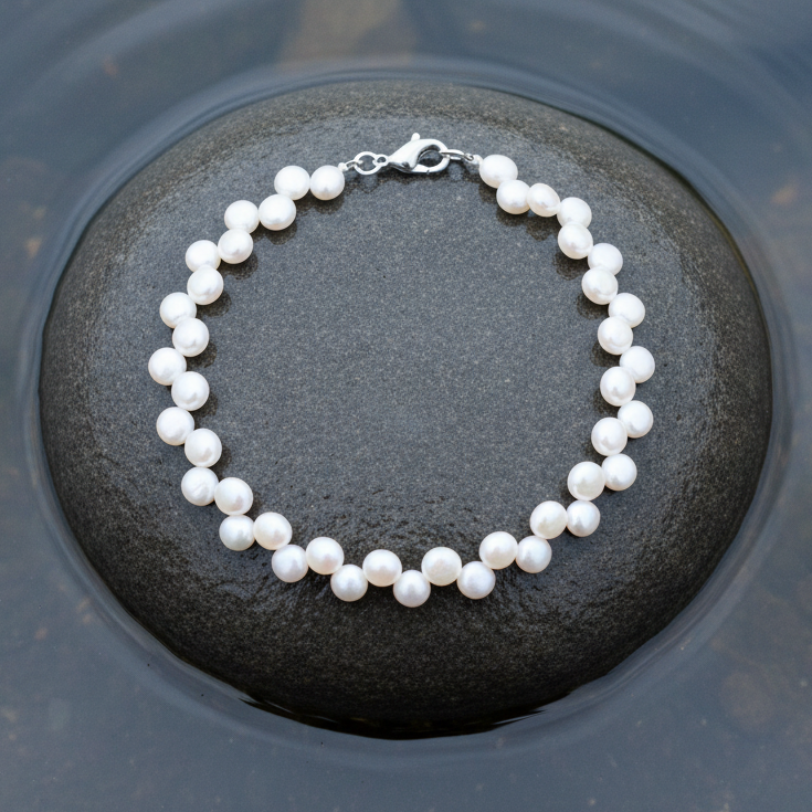 Wit zoetwater parel armband met sterling zilver (925) liggend op steen in water | Gaunty