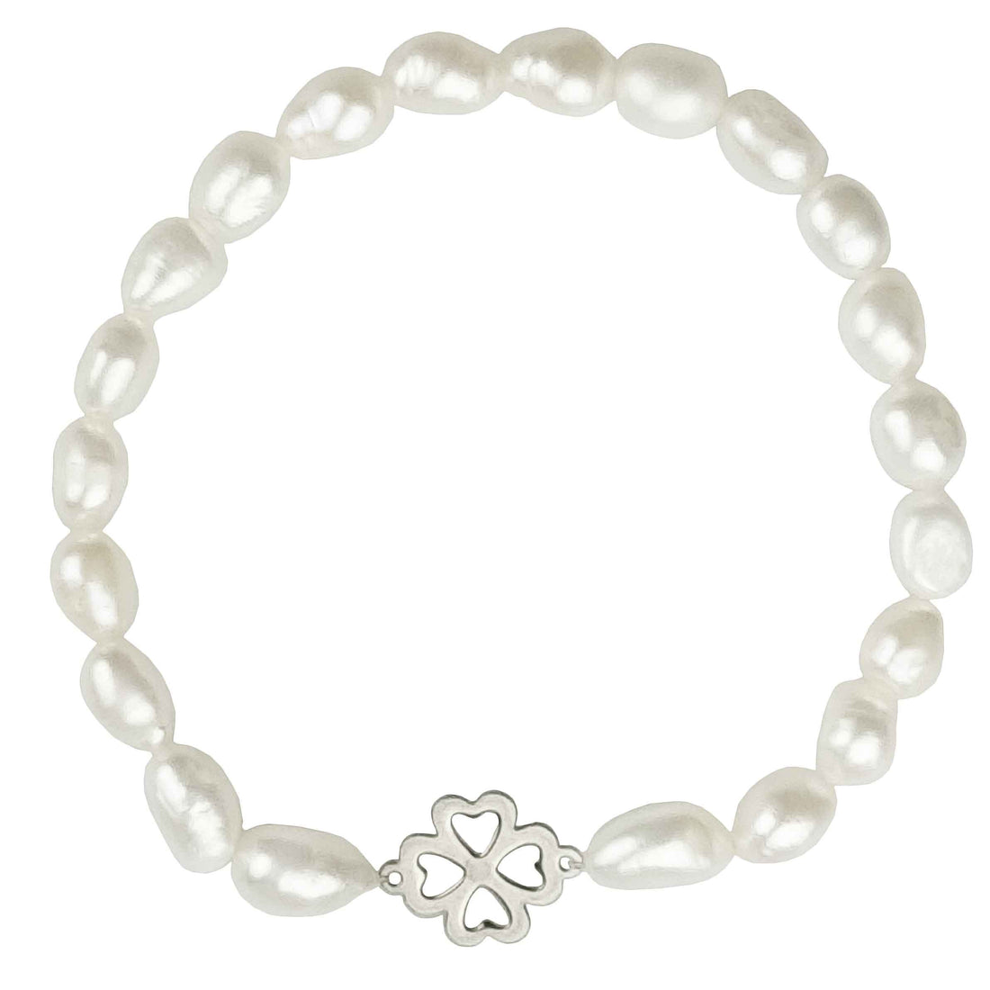 Wit zoetwater parel armband met een klavertje 4 van zilver edelstaal, elastisch | Good Luck Groot Klavertje 4 Silver