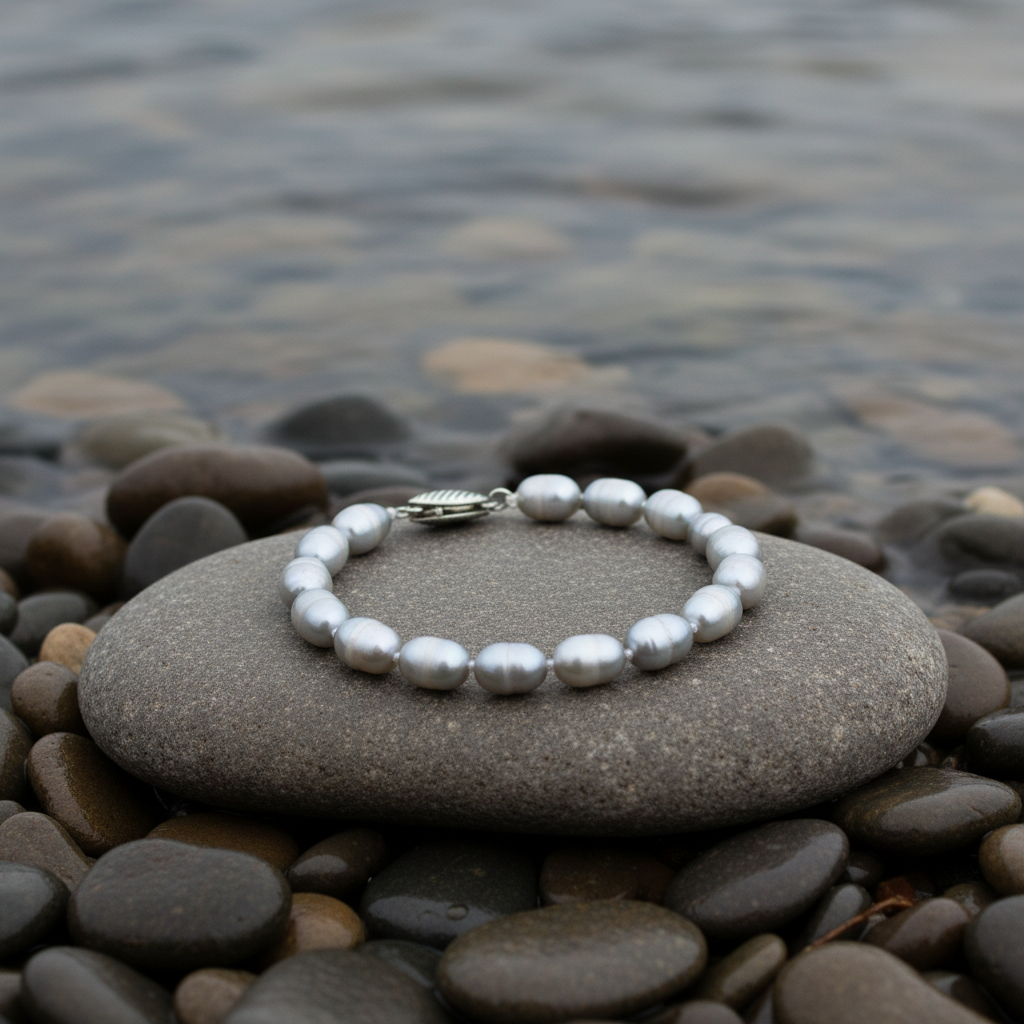 Grijs handgeknoopt zoetwater parel armband liggend op steen aan de waterrand | Grey
