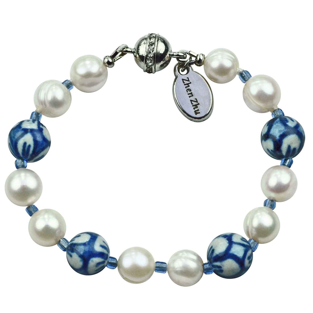 Wit zoetwater parel armband met Delfts blauwe kralen en magneetsluiting | Hollands Glorie Flower White