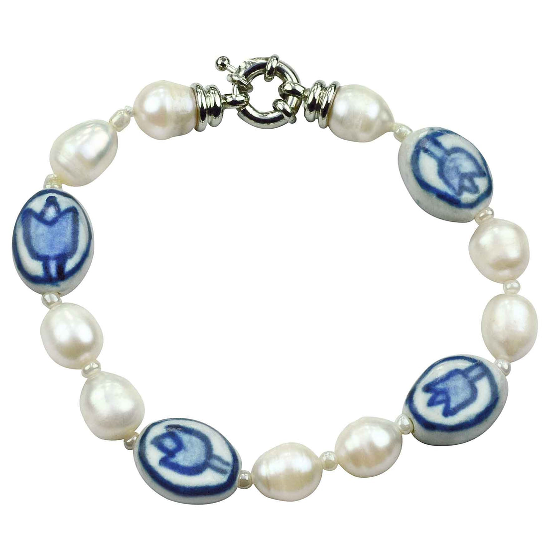 Wit zoetwater parel armband met Delfts blauwe tulp | Hollands Glorie Tulp Wit