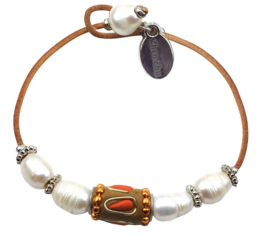 Wit zoetwater parel armband met leer | Ibiza Orange