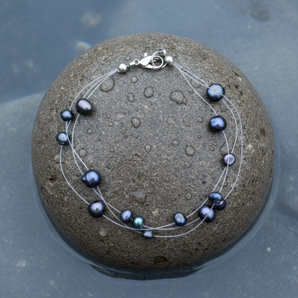 Zoetwater parel armband met blauw paarse parels en sterling zilver (925) liggend op steen | Jill B