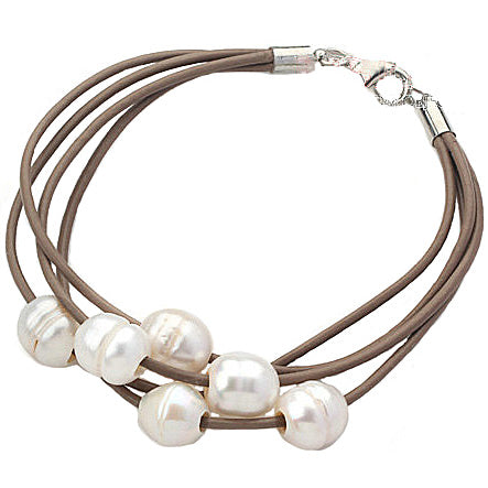 Wit zoetwater parel armband met bruin leer en sterling zilver (925), vooraanzicht | Leather Pearl White